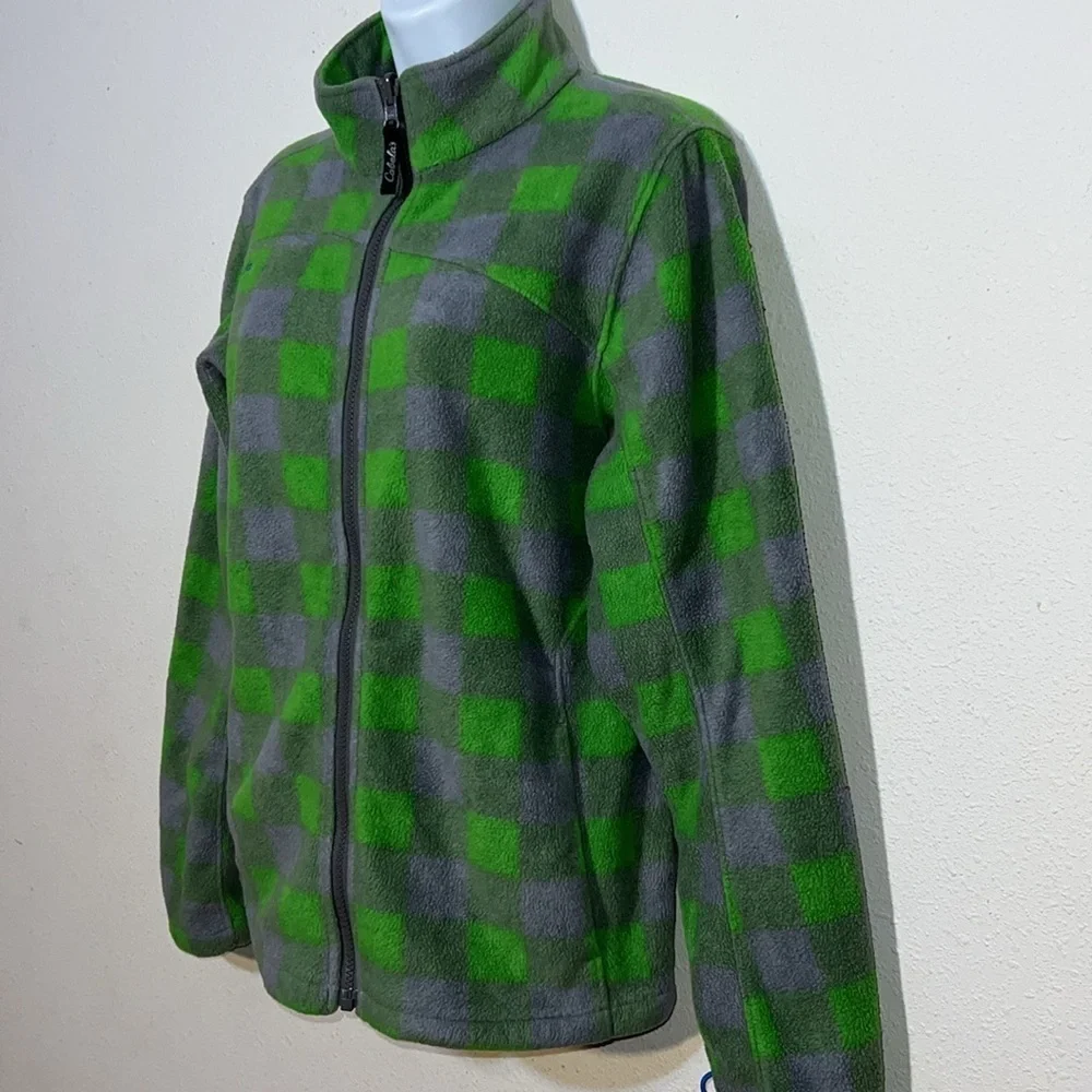 Cabelas Youth Unisex Green Grey Plaid Fleeced Zip Up Jacket Size XL